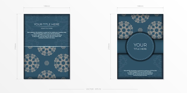 Прямоугольная открытка синего цвета с роскошным светлым орнаментом векторный дизайн пригласительной открытки с винтажными узорами
