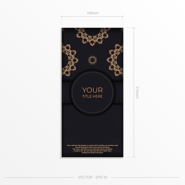 Rectangular postcard template in black color with luxury gold ornaments printready invitation design with vintage patterns