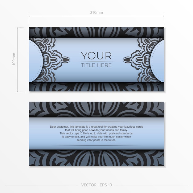 Cartoline rettangolari in azzurro con lussuosi motivi neri. design della carta di invito con ornamento vintage.