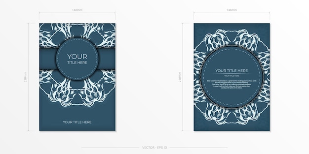 Rectangular Preparing a blue postcard with a luxurious light ornamentation Vector Template for printing design invitation card with vintage patterns