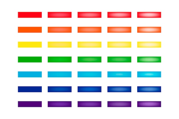 Set di pulsanti di colori dell'arcobaleno rettangolari per l'interfaccia del menu mobile o del sito web botoni web lucidi vettoriali vuoti colori dell'arcabaleno isolati sul bianco