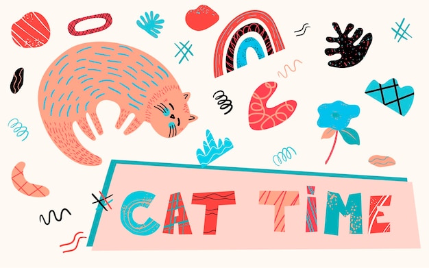 Vector a rectangular vector print with a cute red cat in scandinavian style and the inscription cat time