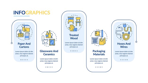 recyclable garbage vector infographic template. accepted waste types presentation outline design elements. data visualization with 5 steps. process timeline info chart. workflow layout with line icons