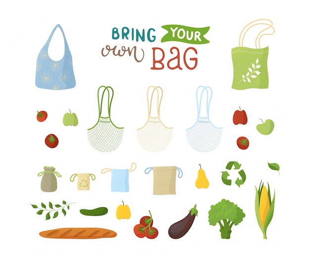 Set di illustrazioni piatte riciclabili e prodotti biologici. borse riutilizzabili, prodotti da forno e aromi, frutta e verdura