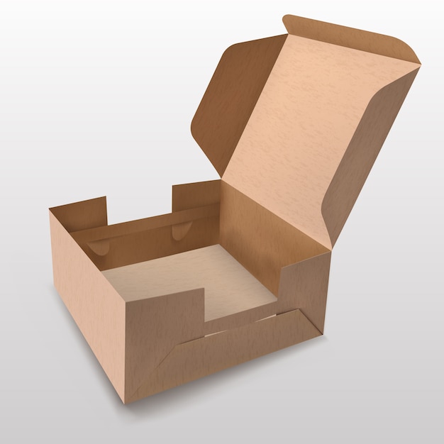 白い背景に蓋が開いたリサイクル可能な紙箱ギフトボックス製品、プレミアムボックス、グリーンボックス、フードボックス。