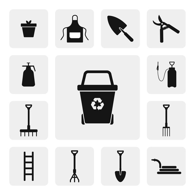 Recycle bin flat web icon. dustbin recycle sign silhouette solid black icon vector. garden icon set