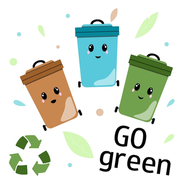 Recycle bin icon Cartoon waste sorting bins Go green Educational material for kids