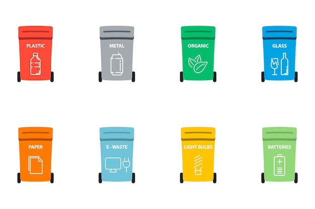 Recycle bins with recycle symbol. different colored trash cans with paper, plastic, glass and organic waste. trash in garbage, sorted garbage. recycling garbage separation collection and recycle