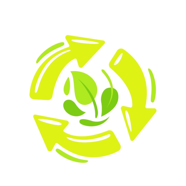 Recycle, biologisch afbreekbaar symbool met circulerende roterende groene pijlen en boombladeren. Composteerbaar recyclebaar plastic