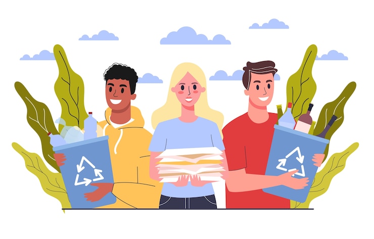 Vector recycle concept. ecology and environment care. idea of garbage reuse. volunteers picking up and sorting paper and plastic rubbish. garbage collection.  illustration 
