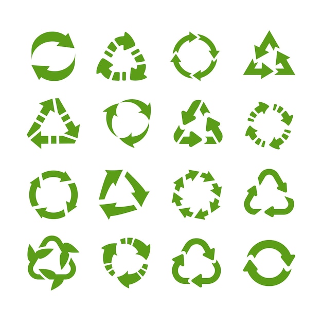 Recycle icons. Circle arrows, product reuse and eco symbols, environmental protection logo. Collection green flat emblems for posters, banners and packaging vector isolated round ecology signs