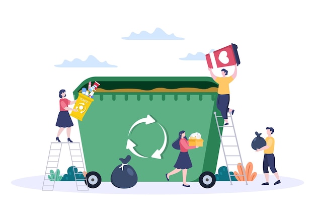 Recycle Process with Trash Organic, Paper or Plastic to Protect the Ecology Environment Suitable For Banner, Background, And Web in Flat Illustration