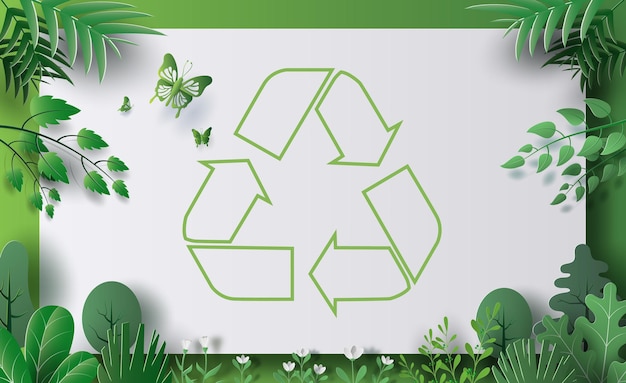 Recycle Symbol and green leaves with green background