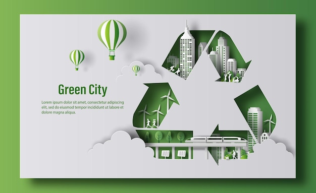 Vector recycle symbol with green city in paper style