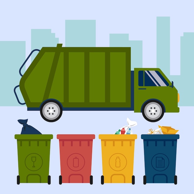 Recycle Truck And Waste Sorting Bins Concept Vector Illustration In Flat Style