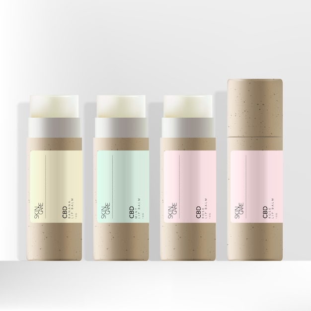 Vector recycled kraft paper cbd lip balm packaging with minimal pastel label design