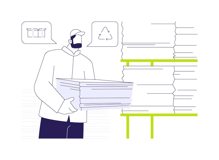 Vector recycled paper and cardboard abstract concept vector illustration worker holding recycled cardboard