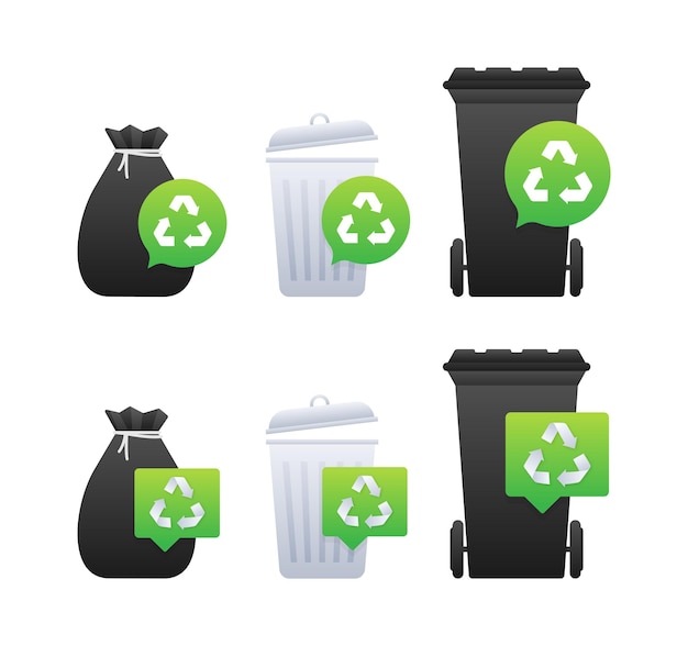Вектор Контейнеры для переработки и мешки для мусора с символом переработки, способствующим управлению отходами и охране окружающей среды