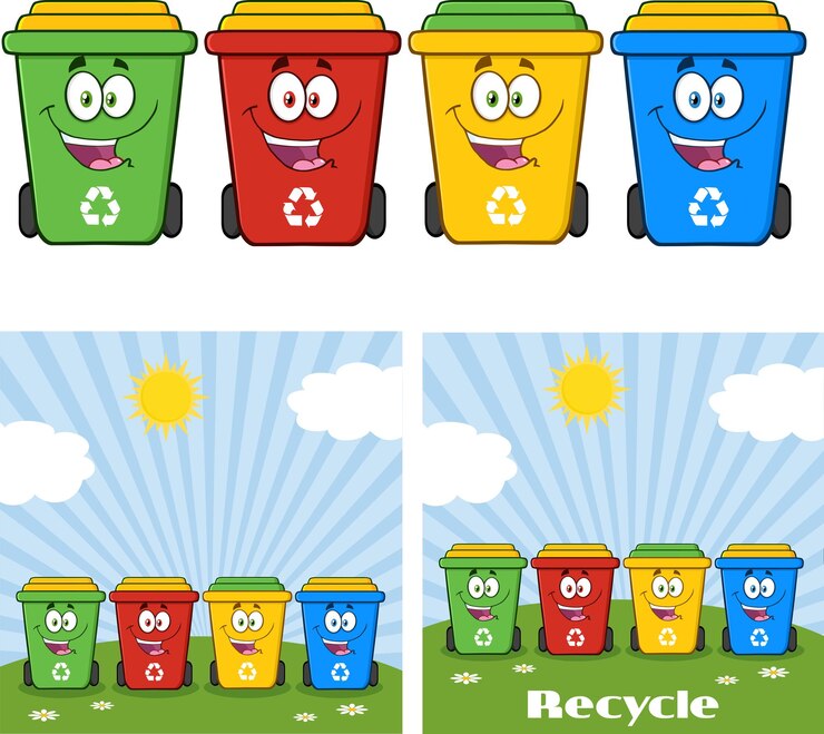 Vector recycling bins cartoon characters vector collection set isolated on white background