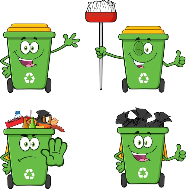 Recycling Bins Cartoon Characters Vector Collection Set Isolated On White Background