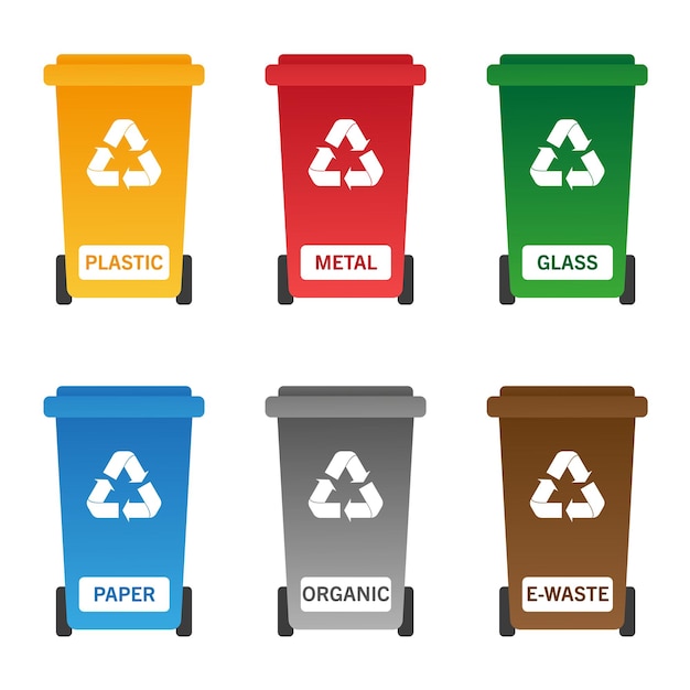 Vector recycling bins with recycle logo plastic metal glass paper organic and ewaste recycling