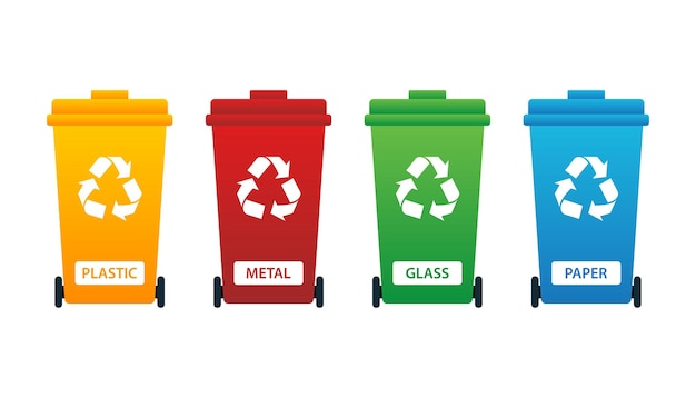 Recycling bins. Yellow, red, green, and blue recycling bins. Plastic, glass, metal, paper recycling