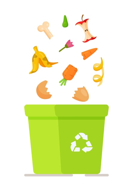 Vector recycling box.  illustration of ordering services for garbage collection, recycling plant. cartoon trash and food garbage, garbage collection at the landfill for recycling.