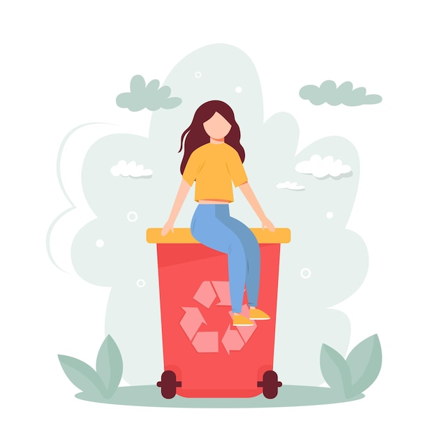 Vector recycling concept young girl sitting on a trash bin conscious eco living separation process