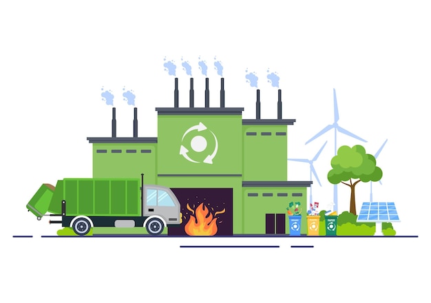 Vettore riciclaggio ecologia processo piatto sfondo illustrazione con rifiuti organici, carta o plastica prelevati su un camion e portati a bruciare