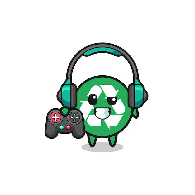 Recycling gamer mascot holding a game controller cute design