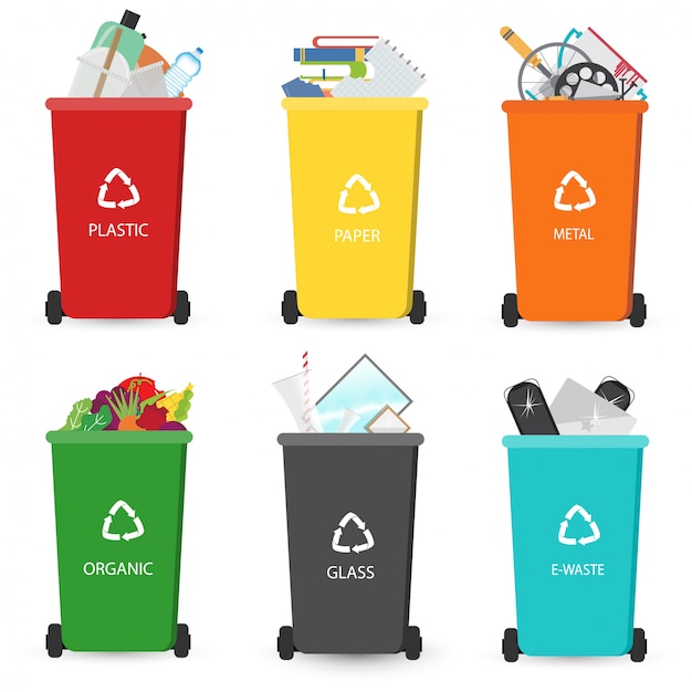 Vector recycling garbage elements trash cans. different types of trash cans.