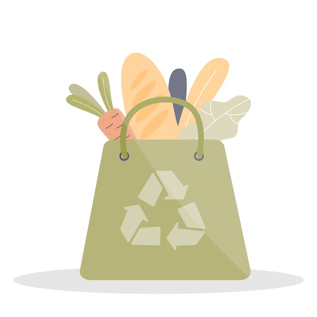 ベクトル フラットなデザインの食品が入った緑色のショッピングバッグをリサイクル