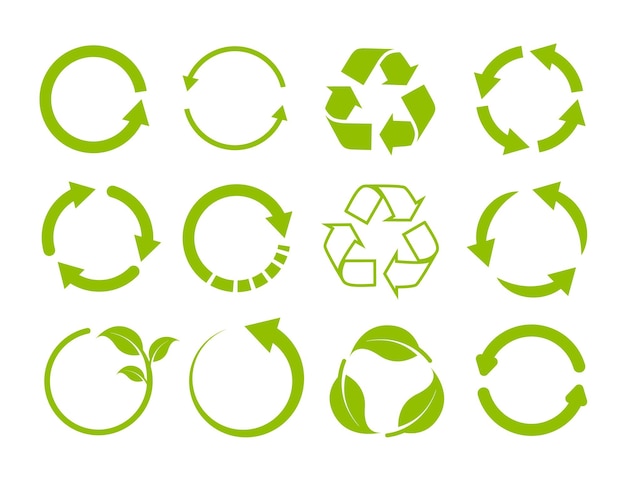 Vettore collezione di icone di riciclaggio. insieme di vettore delle frecce del cerchio verde isolate su bianco. ruota la freccia.