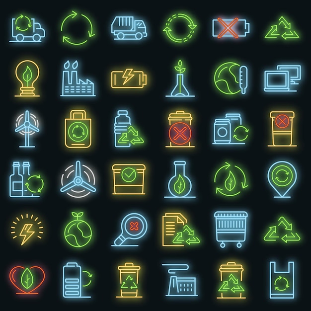 Recycling icons set. outline set of recycling vector icons neon color on black