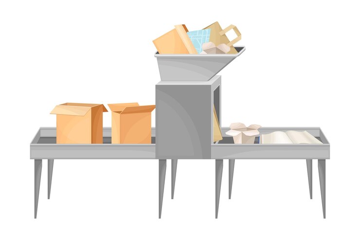 Vector recycling paper conveyor line with piles of waste paper vector illustration