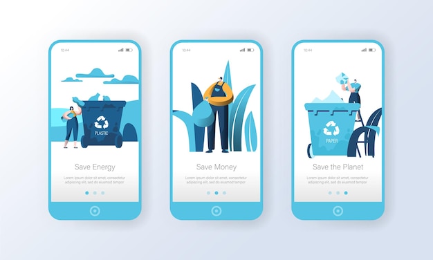 Recycling Plastic Garbage Bin Mobile App Page Onboard Screen Set.