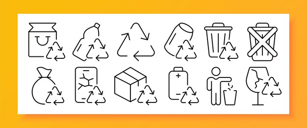 Recycling set icon. Bag, plastic bottle, recycle arrow, can, trash bin, dont throw away garbage, bag