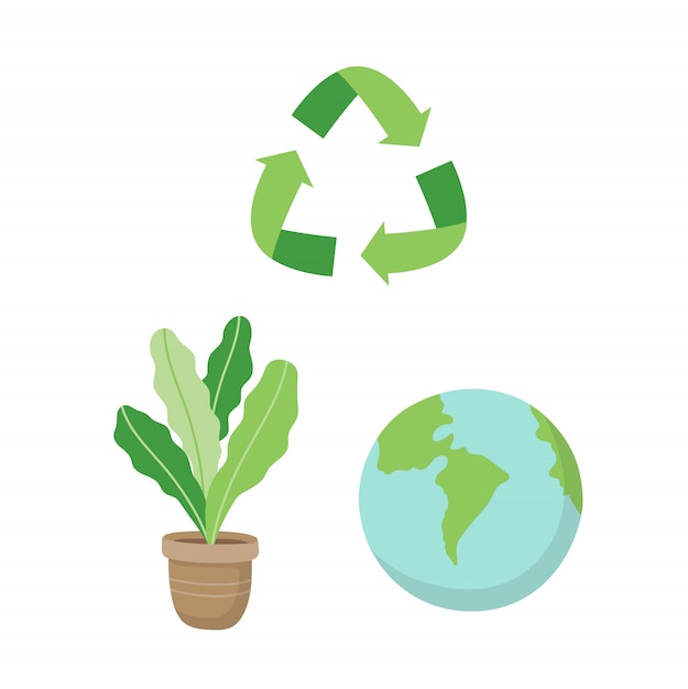リサイクルサイン、植物、そして地球。生態学的な概念図を漫画のスタイルに設定