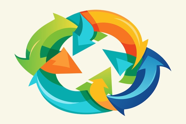 Simbolo di riciclaggio trasformato in un vortice vorticoso di frecce colorate che enfatizzano le pratiche sostenibili
