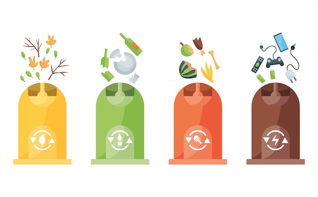 Vector recycling van afvalinzameling. plastic containers voor verschillende soorten afval. vuilnisbak concept logo. illustraties in cartoon-stijl