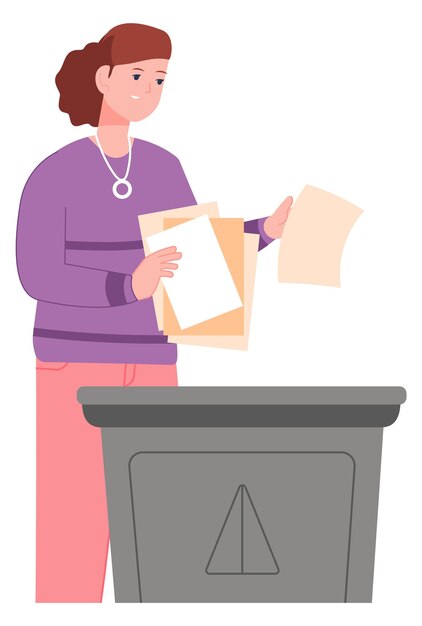 Recycling van papierafval Vrouw die afval in de prullenbak gooit