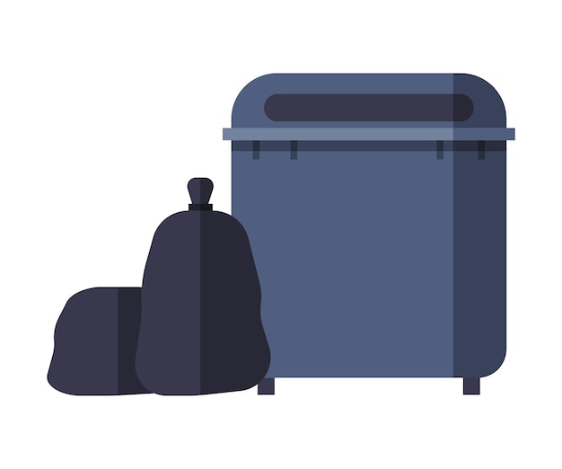 Recycling vuilnisbak en zwarte plastic zakken platte stijl vector illustratie op witte achtergrond
