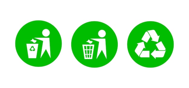 Riciclaggio dei rifiuti l'utilizzo di set di icone vector nessun segno di littering in cerchio verde