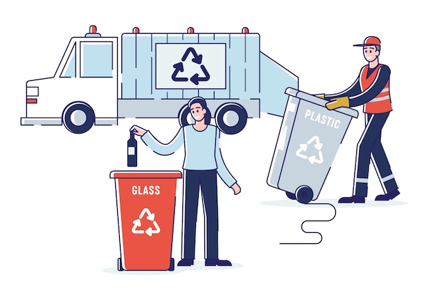 Vettore riciclaggio e concetto di rifiuti zero. donna sta smistando immondizia gettando la bottiglia nel cestino. raccoglitore di rifiuti che carica i rifiuti nel camion della spazzatura. cartoon outline flat.