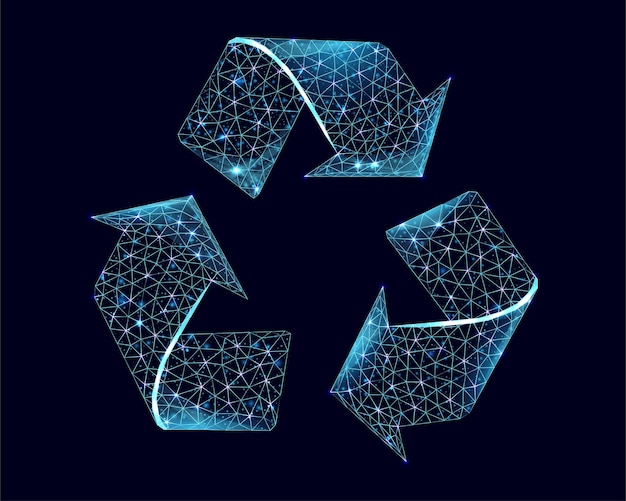 Recyclingbord met gloeiend blauw lowpoly draadframe op een donkere achtergrond