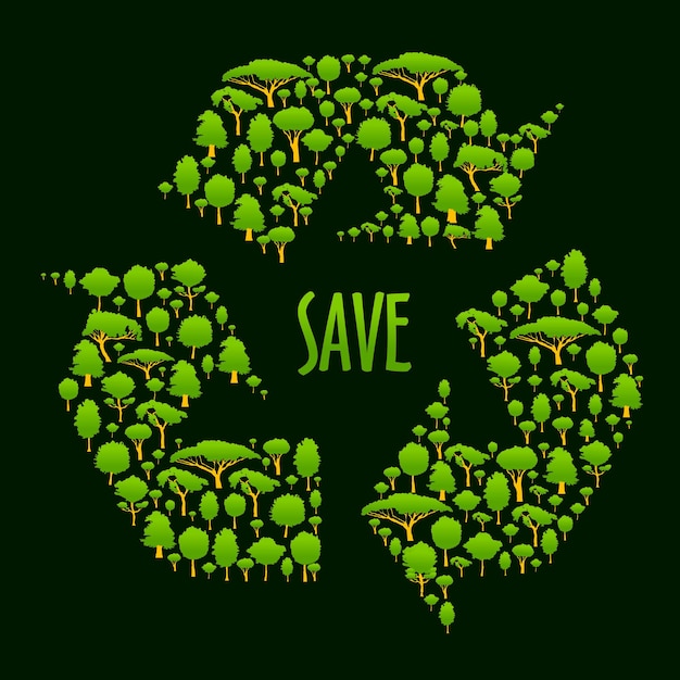 Vector recyclingsymbool met groene bomen en planten