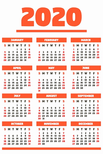 Vector red 2020 year calendar, ready to print, flat style