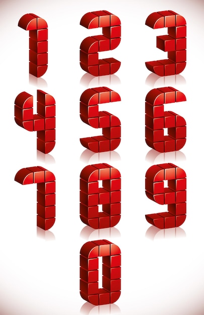 Vector red 3d numbers set made in digital style