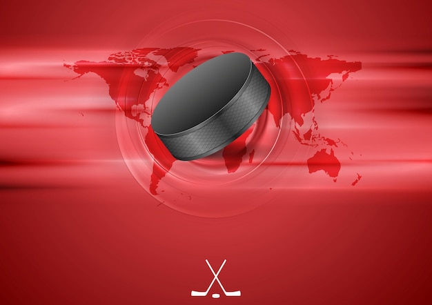 Red abstract hockey background with black puck Vector graphic winter sport design