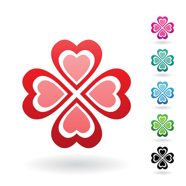 Vector red abstract icon of heart shaped four leaf clover